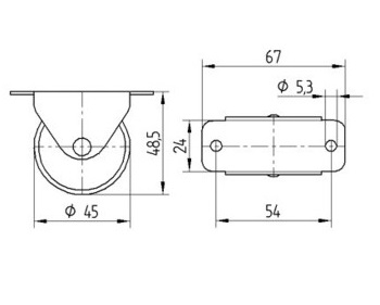 45mm Fixed Castor Wheel with Polyamide tread, 40kg load capacity Schematic