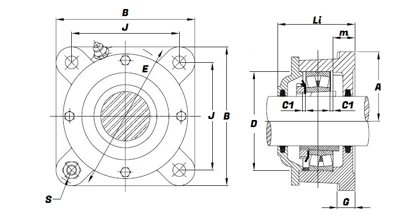 722516 B, Square Flanged Housing for through shaft - Select Range Schematic
