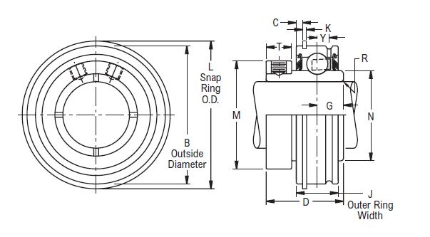 ER 39 K, Linkbelt-Rexnord ER-type Ball Bearing Insert with a 2.7/16 inch bore. Schematic