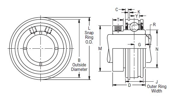 ER 40 K, Linkbelt-Rexnord ER-type Ball Bearing Insert with a 2.1/2 inch bore. Schematic
