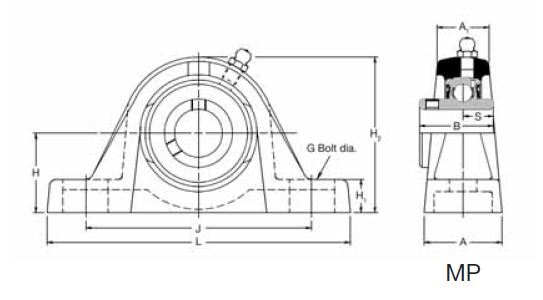 MP 1.3/16, 'Premium' Pillow Block Housing Unit with a 1.3/16 inch bore. Schematic