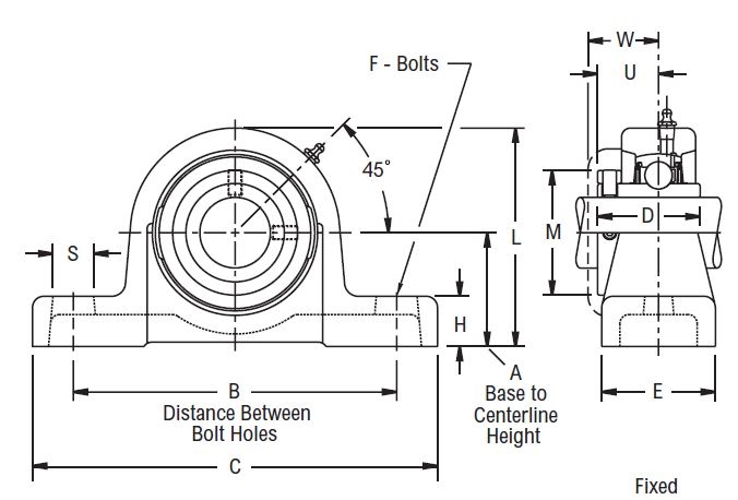 PU 339, Linkbelt-Rexnord Ball Bearing Pillow Block Unit with a 2.7/16 inch bore. Schematic