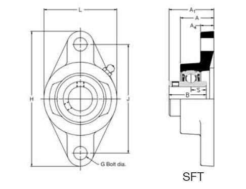 SFT 12, 'Premium' Oval Flange unit with a 12mm bore. Schematic