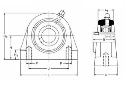 SNP 1.7/16, 'Premium' Tapped Base Pillow Block with a 1.7/16 inch bore. Schematic